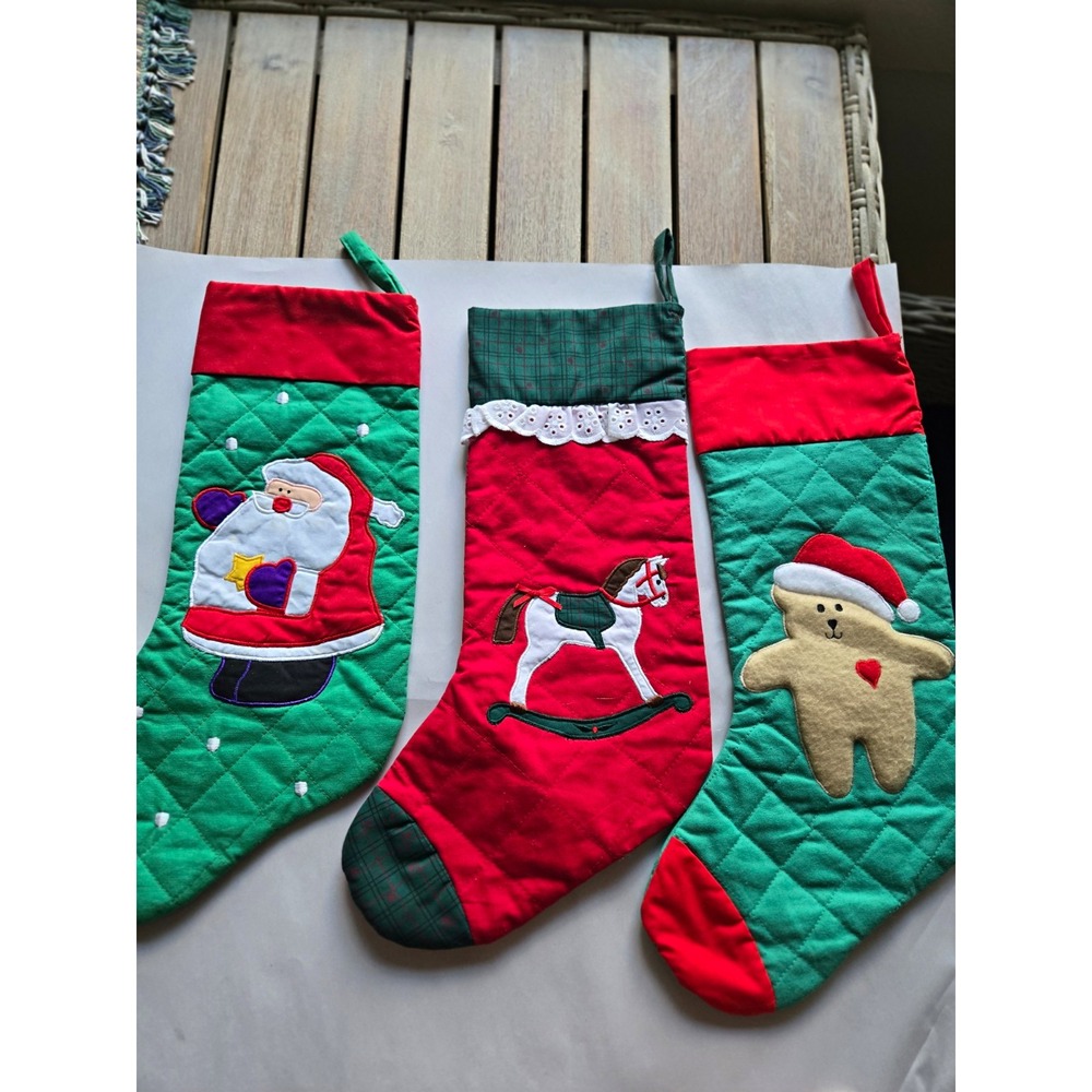 Vintage Stockings Hallmark Quilted Christmas Set 3 Santa Bear Rocking Horse